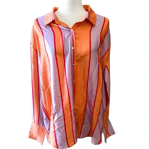 Entro In Your Heart Peach Orange Striped Blouse Silky Satin Top - Picture 3 of 8